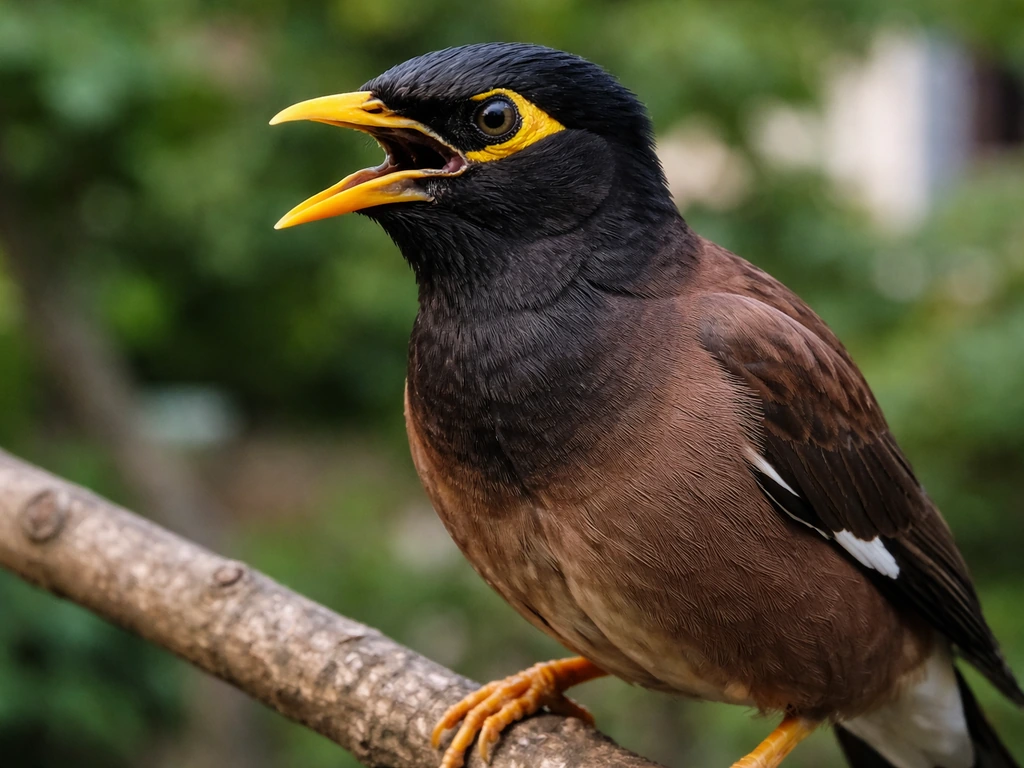 Close-up of a myna bird perched outdoors, showing vivid beak and expressive eyes amid soft greenery.