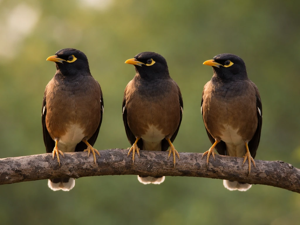 Three myna birds perched on a branch, facing the same direction in soft daylight.