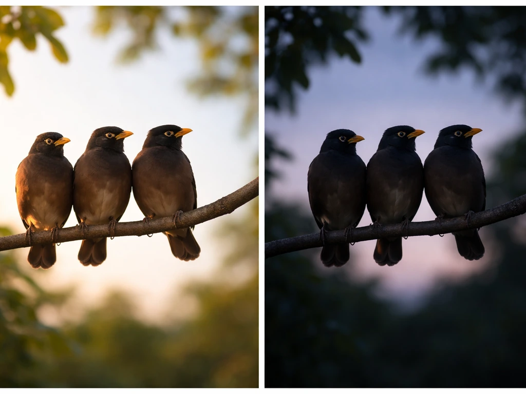 Two-photo style contrast: three myna birds in morning golden light vs evening soft dusk glow on a quiet perch.