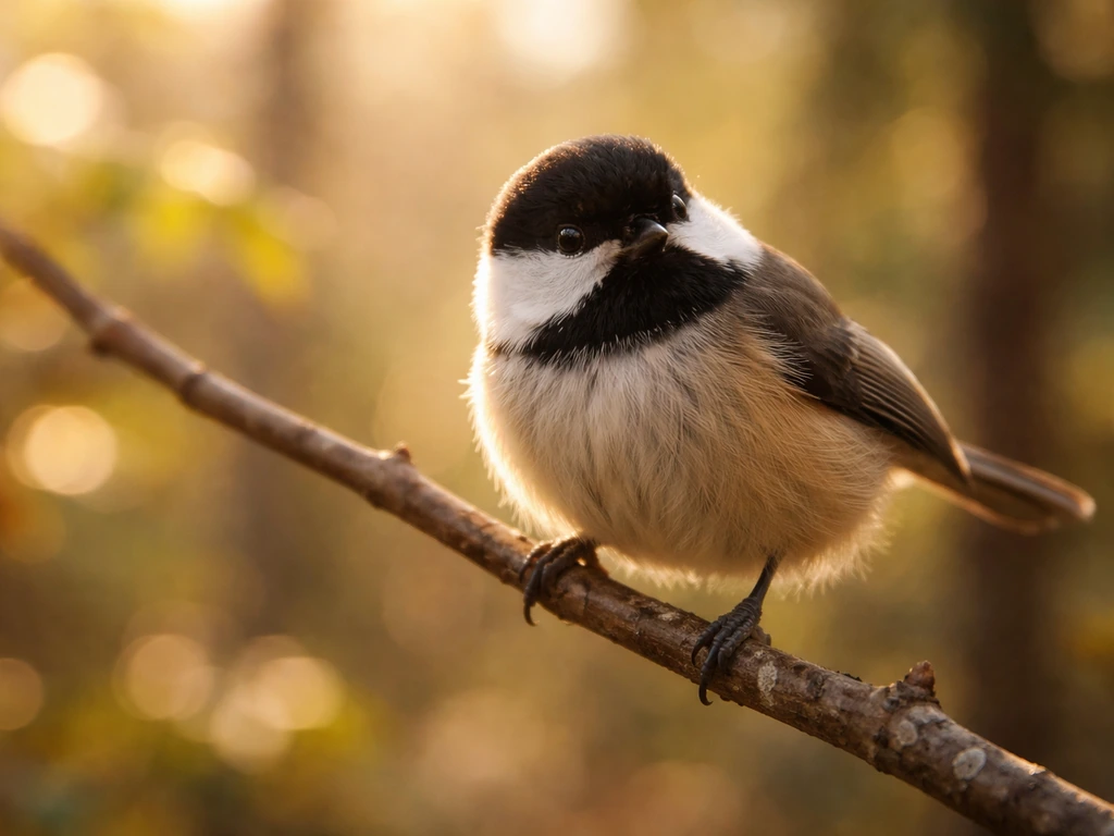 A chickadee perched on a small branch in soft morning light, warm and lively nature scene.