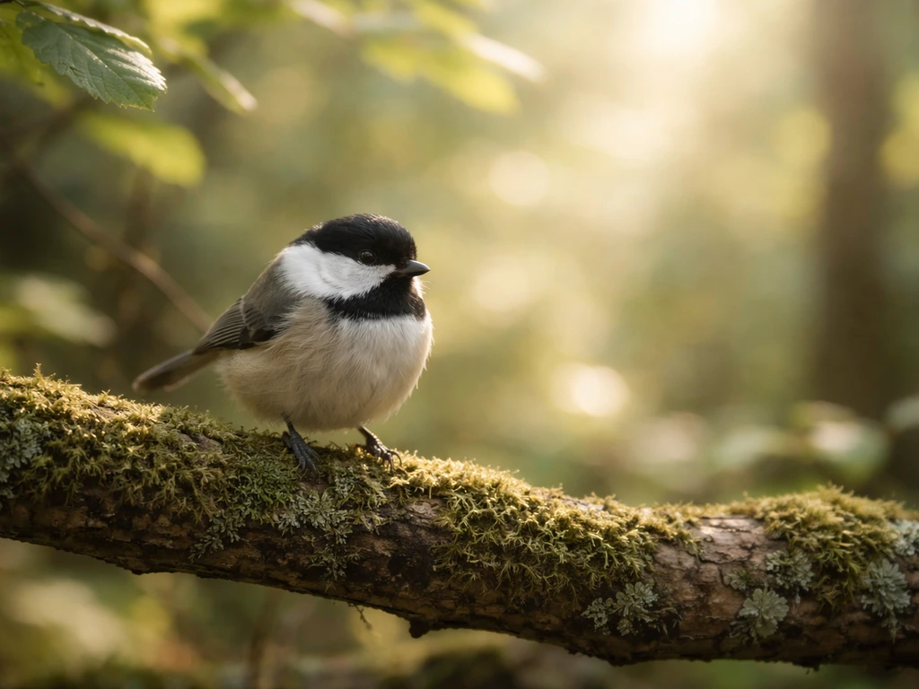 Small chickadee perched on a mossy branch with bright morning light through leaves.