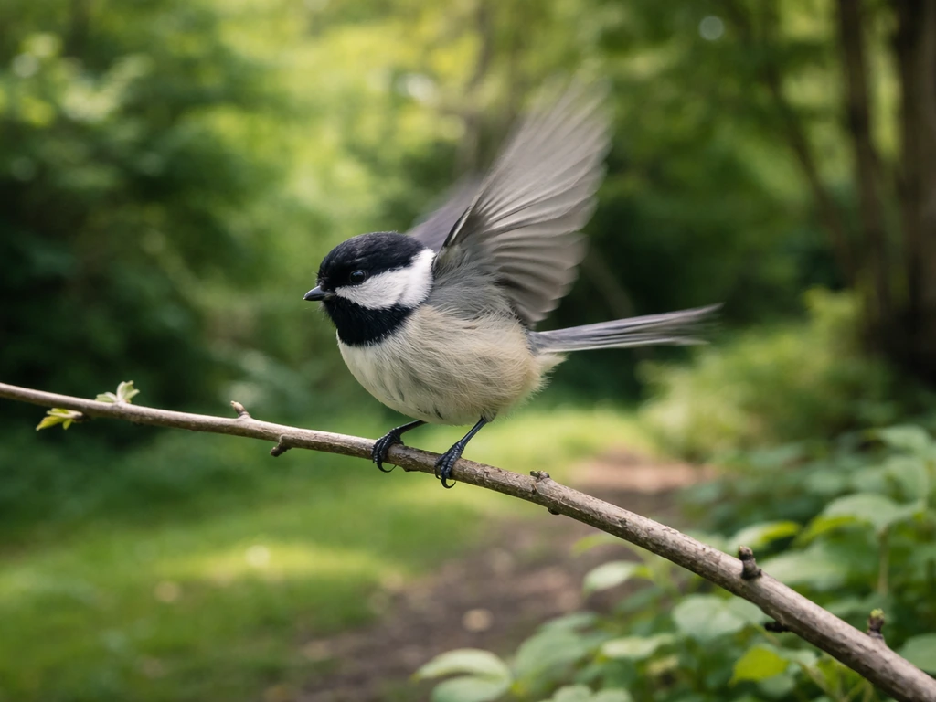 A small chickadee in mid-flight crossing a quiet backyard near green trees