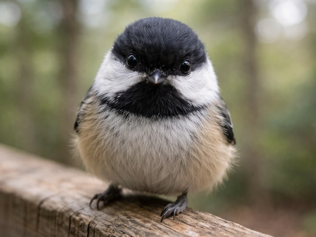 A chickadee lands inches from the camera and makes direct eye contact in a softly blurred forest.