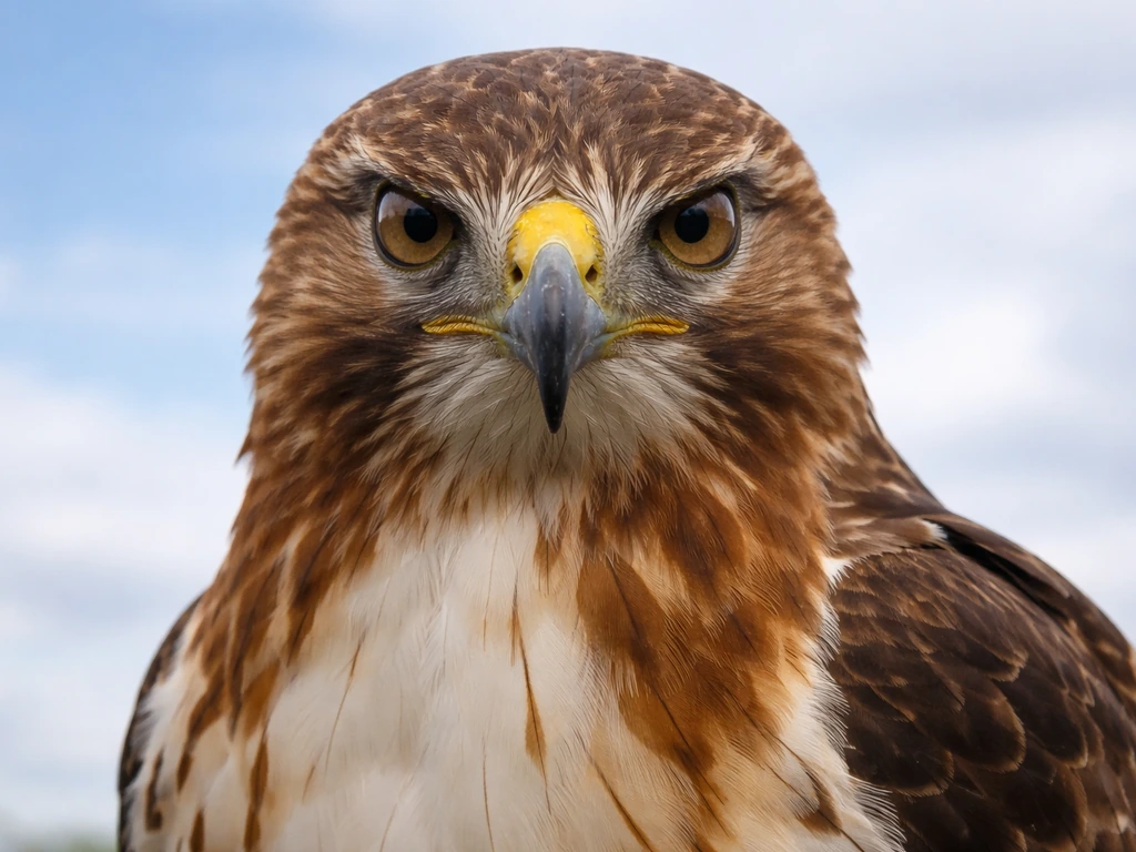 Close-up of a hawk with piercing eyes perched against an open blue sky.