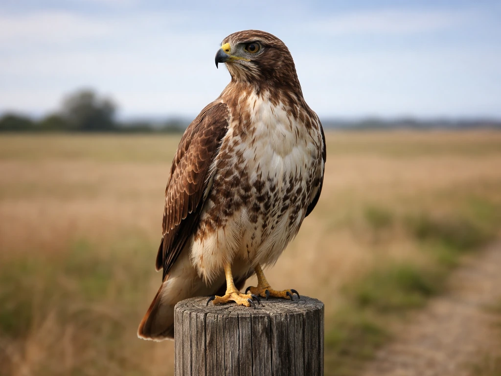 A hawk perched upright on a wooden post, alert and gazing sharply into the distance.
