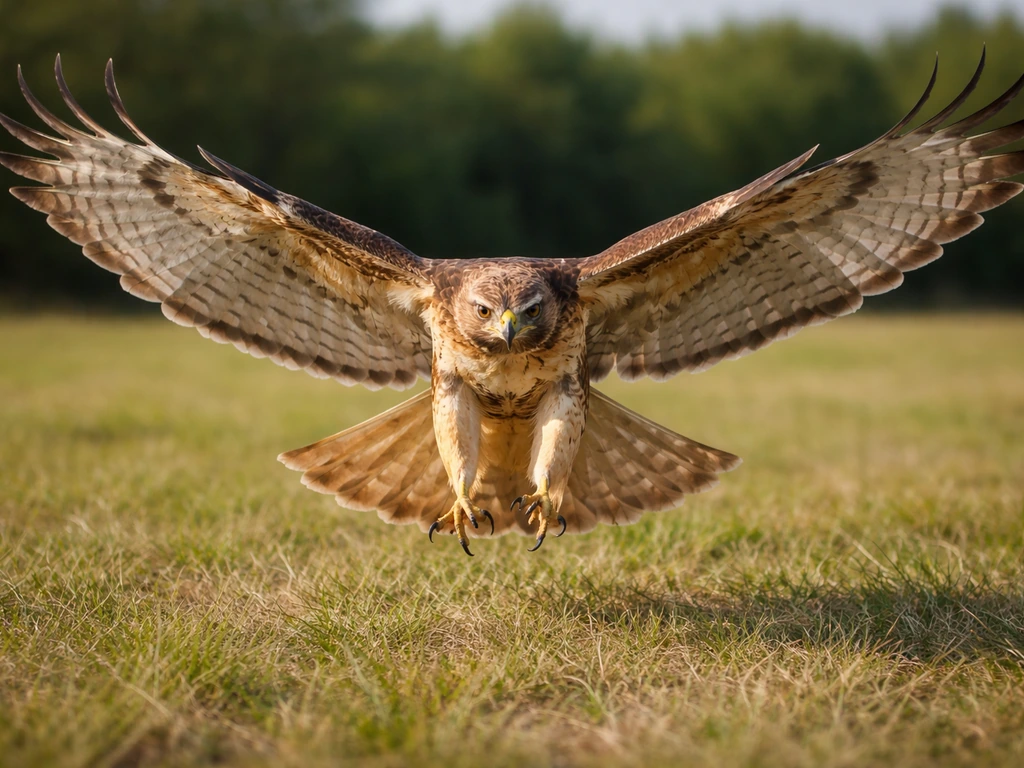 A hawk dives low toward the foreground with wings fully extended in open sky