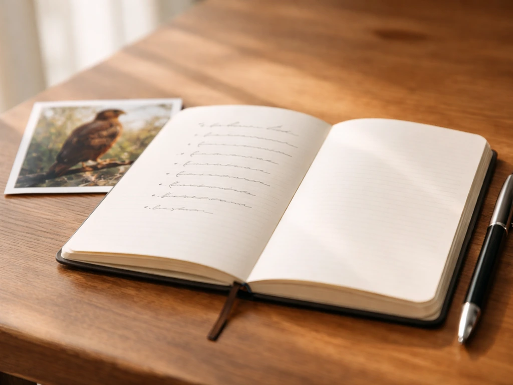 Open journal with pen and a small hawk photo on a wooden table, ready for reflection and next steps.