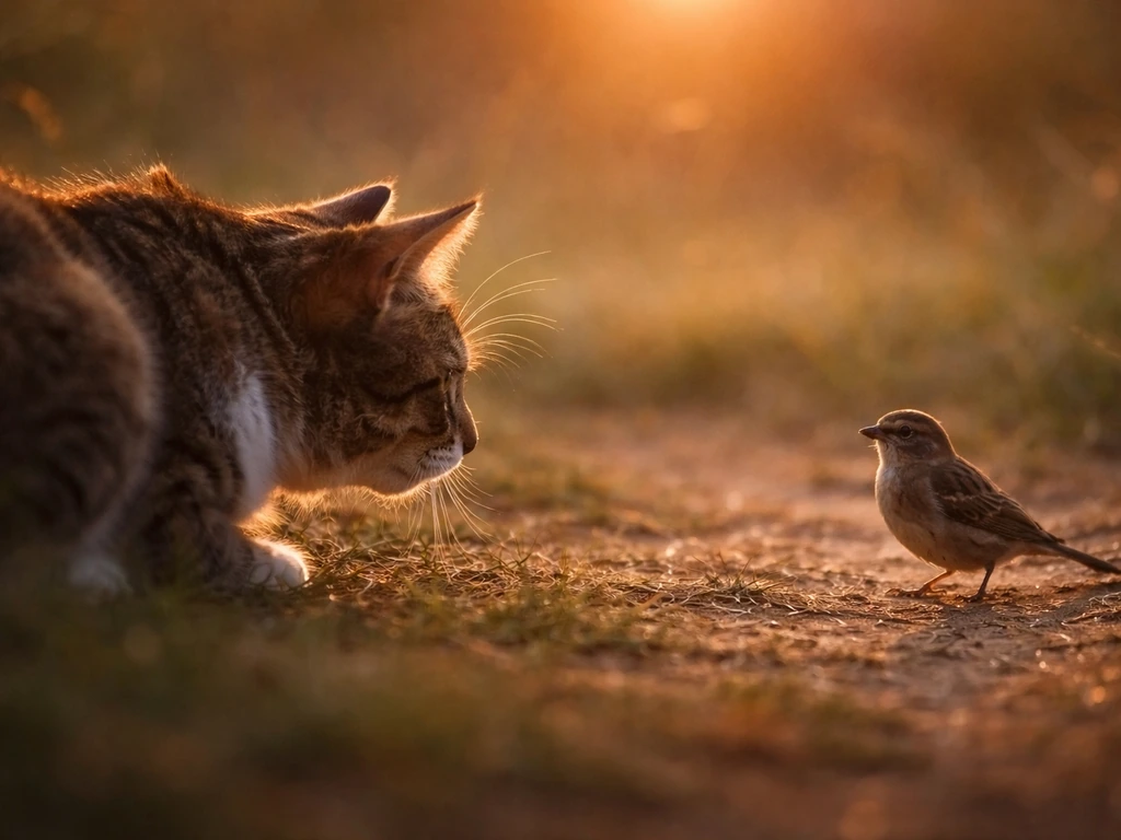 Golden-hour standoff between a crouching cat and a poised bird in quiet outdoor grass.
