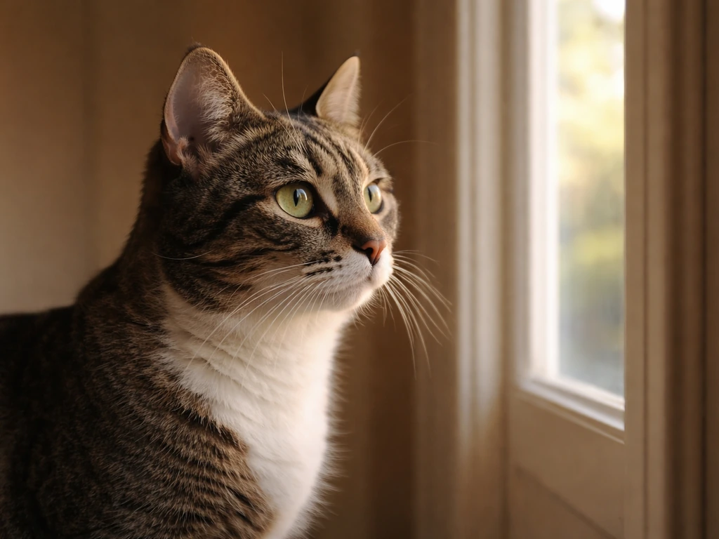 Close-up of a cat’s alert gaze by a window, symbolizing intuition and independence