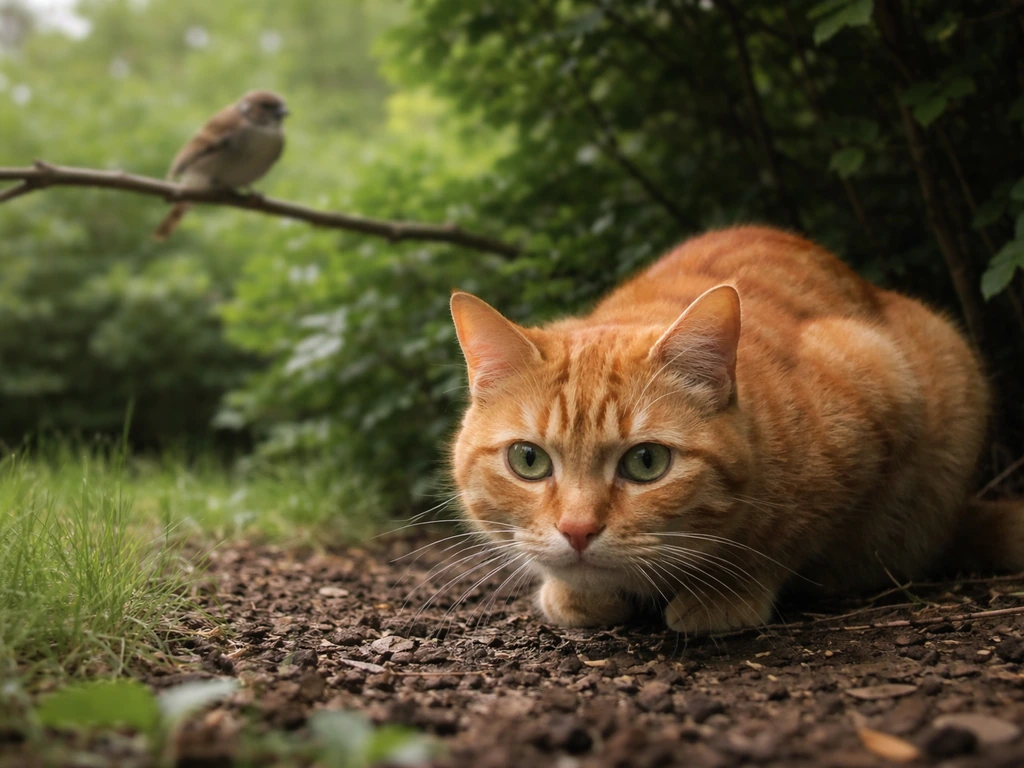 Orange tabby cat in foreground watching a small bird perched on a branch in the background.
