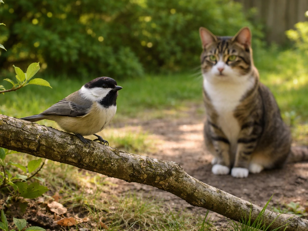 A calm cat watches as a bird recovers safely on a nearby branch outdoors.