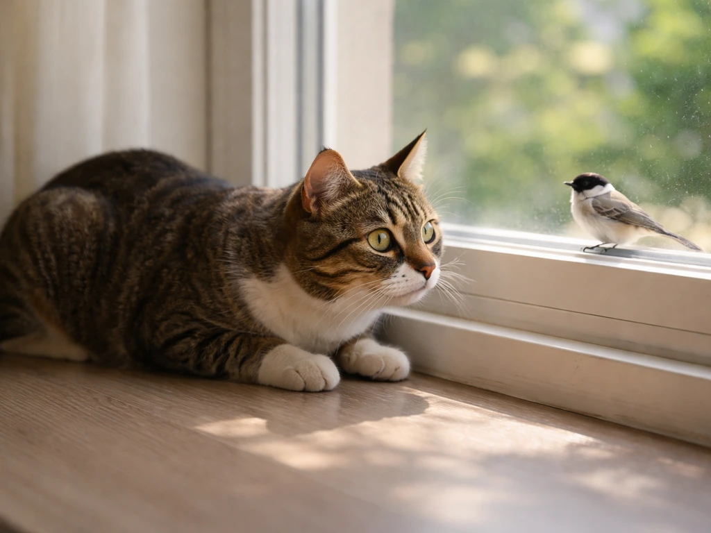 A calm cat intently watches a small bird from a window, tense but non-chasing indoors.