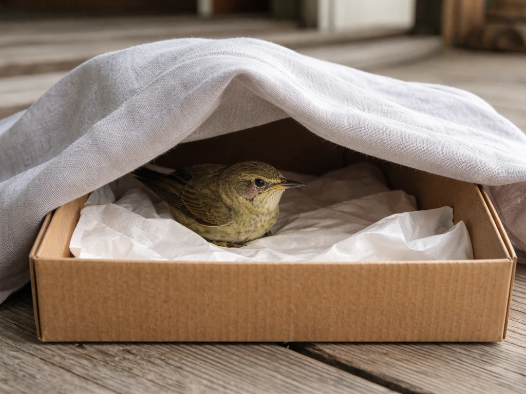 A small injured bird resting safely in a lined covered box near quiet ground