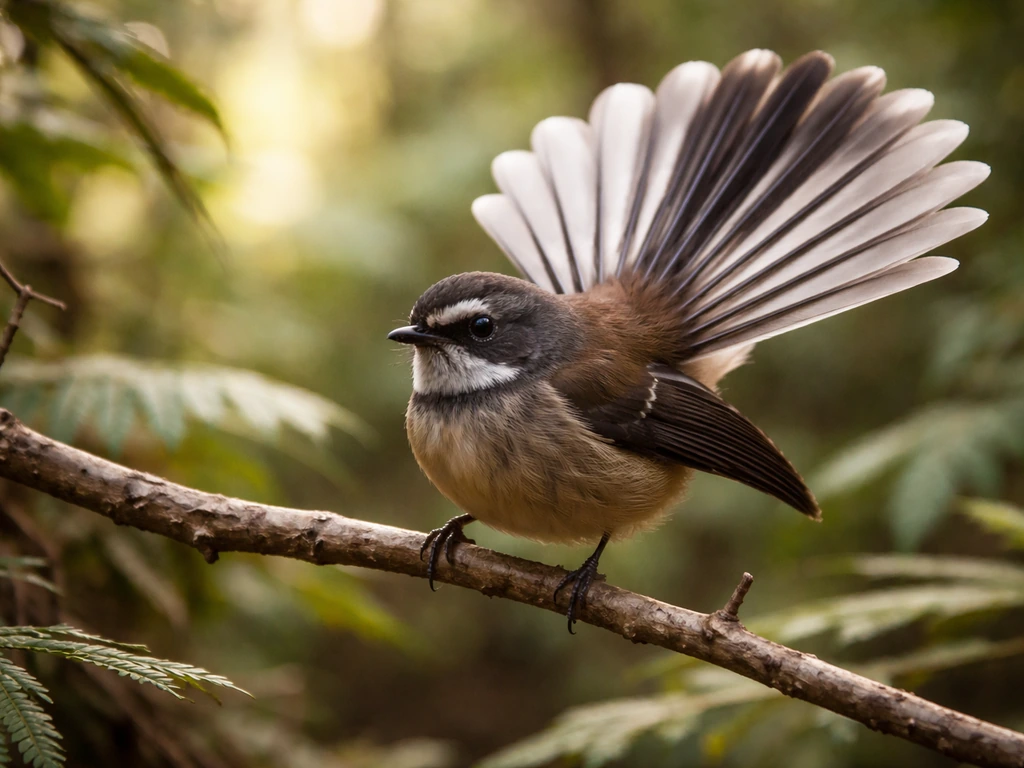 New Zealand fantail (pīwakawaka) fanning its tail on a branch in native bush greenery.