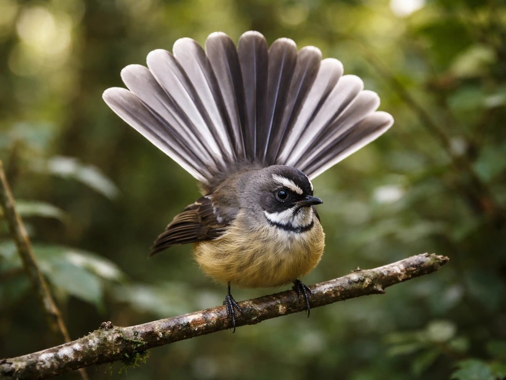 A New Zealand fantail perched on a branch with its tail fanned in a native bush setting.