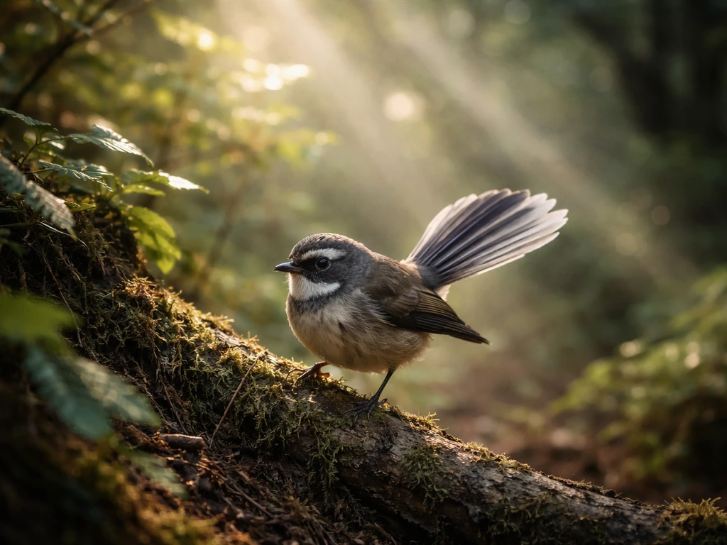 Fantail at the forest edge with sunbeams filtering through foliage, tail slightly fanned and mid-motion.