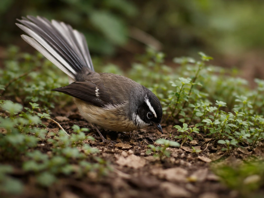 Fantail bird foraging in low shrubs, flicking wings as it picks insects in undergrowth.