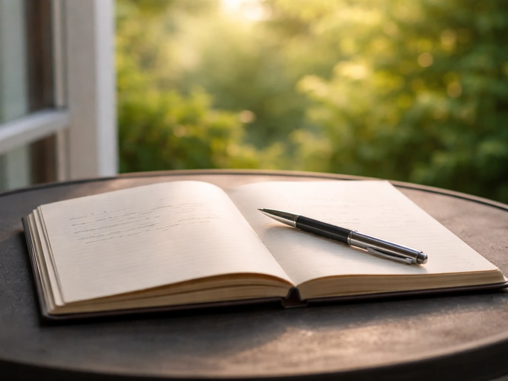 Open journal with a pen on a garden table, ready for journaling in soft natural light.