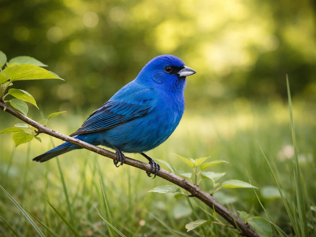 Indigo bunting bird perched among sunlit leaves and grass, vivid blue feathers in natural light.