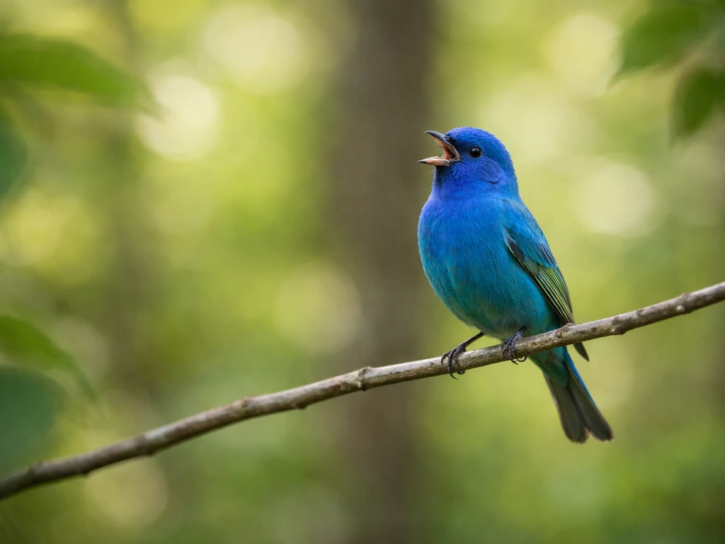 An indigo bunting on a twig singing with its beak open, vivid blue against blurred green leaves.