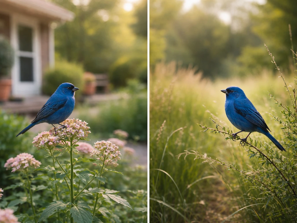 Indigo bunting in a home garden, split with a nearby hedgerow scene to show location change.