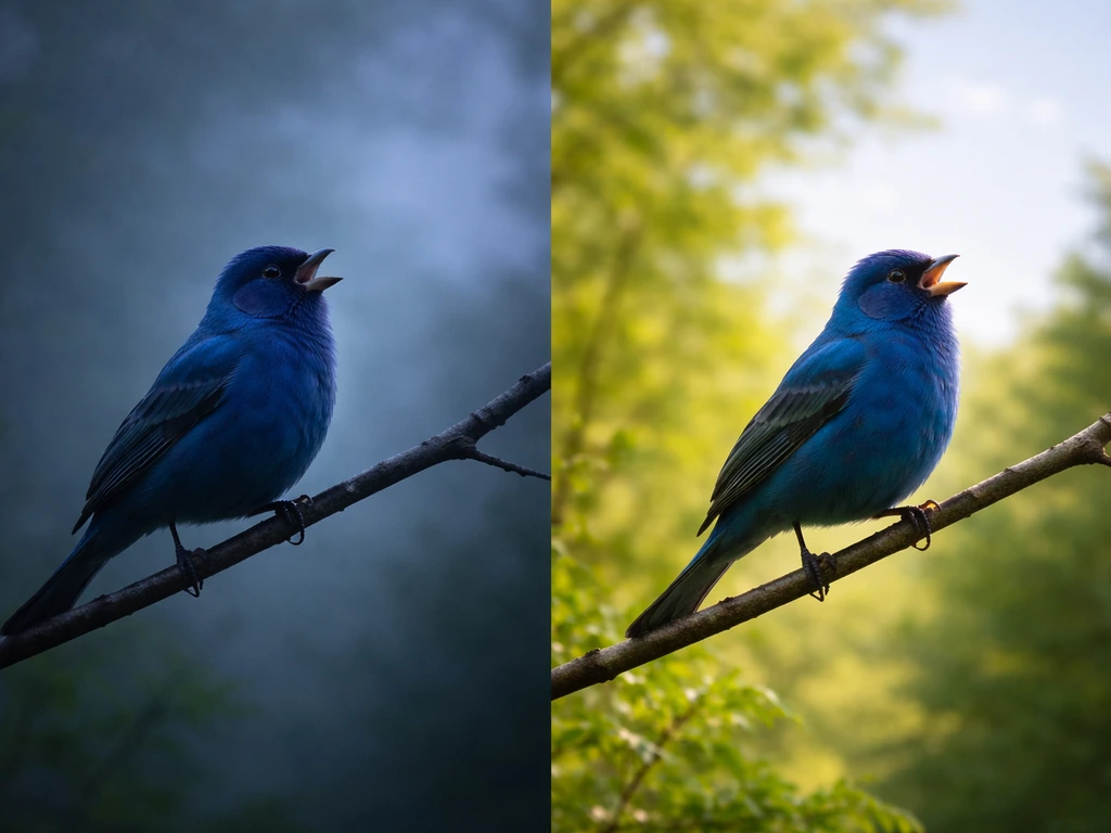 Indigo bunting perched on a branch, shown in darker dawn light transitioning to bright midday daylight.