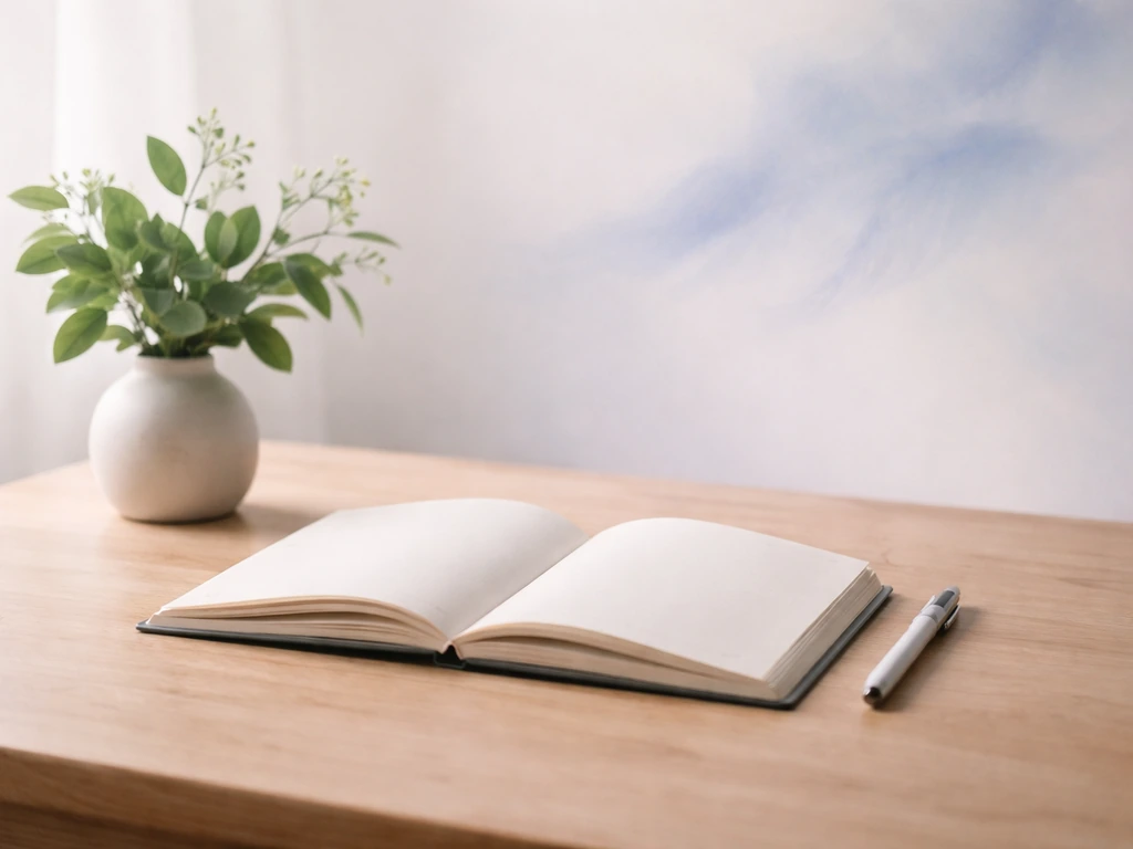 Open notebook and pen beside leafy bouquet with a subtle indigo-blue feather/bird hint in the background.