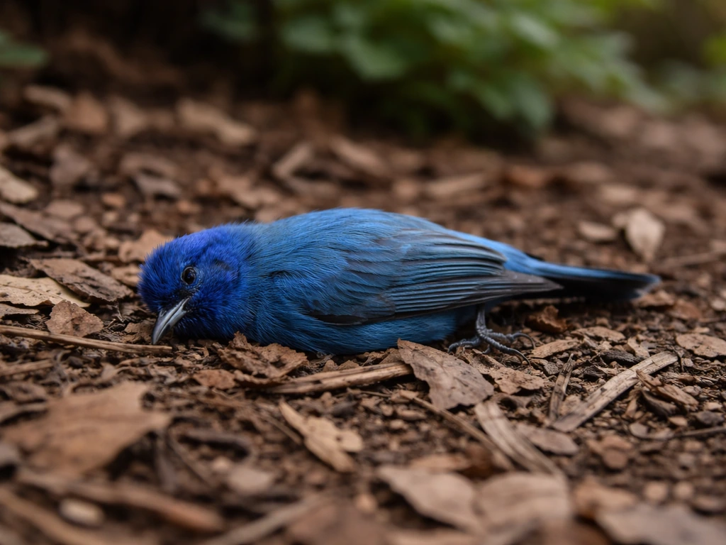 A small indigo bunting lying on the ground outdoors, respectfully photographed with natural surroundings.