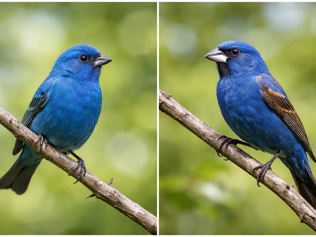 Indigo bunting and blue grosbeak perched side-by-side on natural branches, showing beak shape differences.