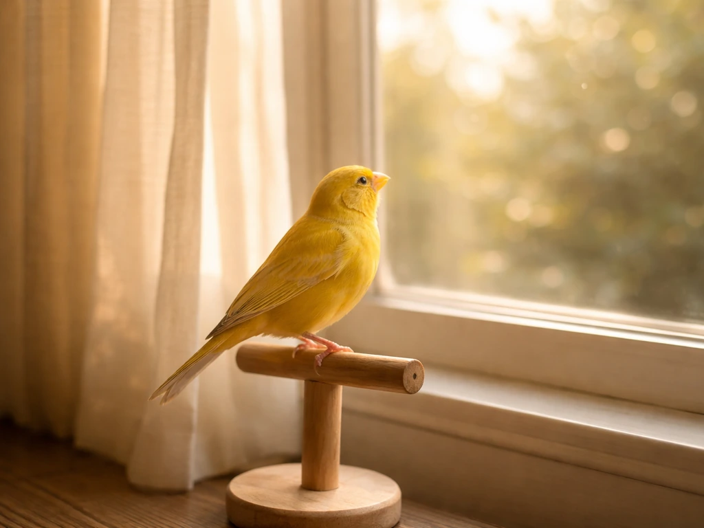 Bright yellow canary perched near a sunlit window, calm warm light, uplifting hopeful feel.