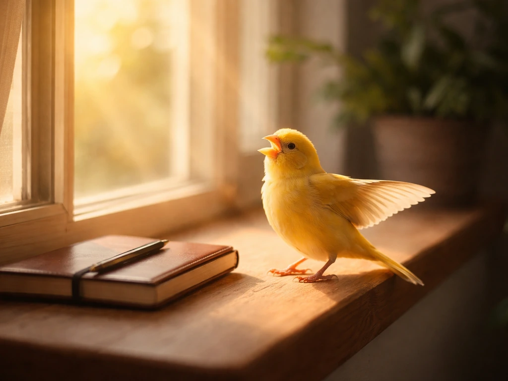 Bright canary perched on a windowsill with warm light rays and a closed journal nearby.
