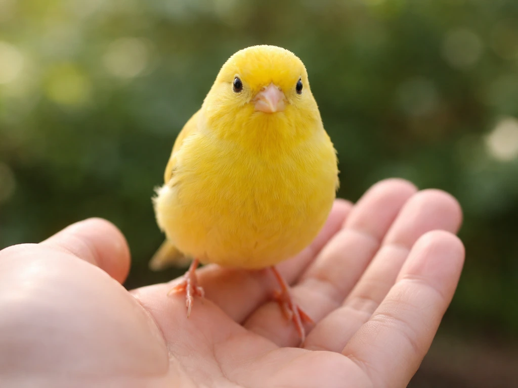 Yellow canary perched on an open hand inches from the camera, shallow depth of field, natural light.