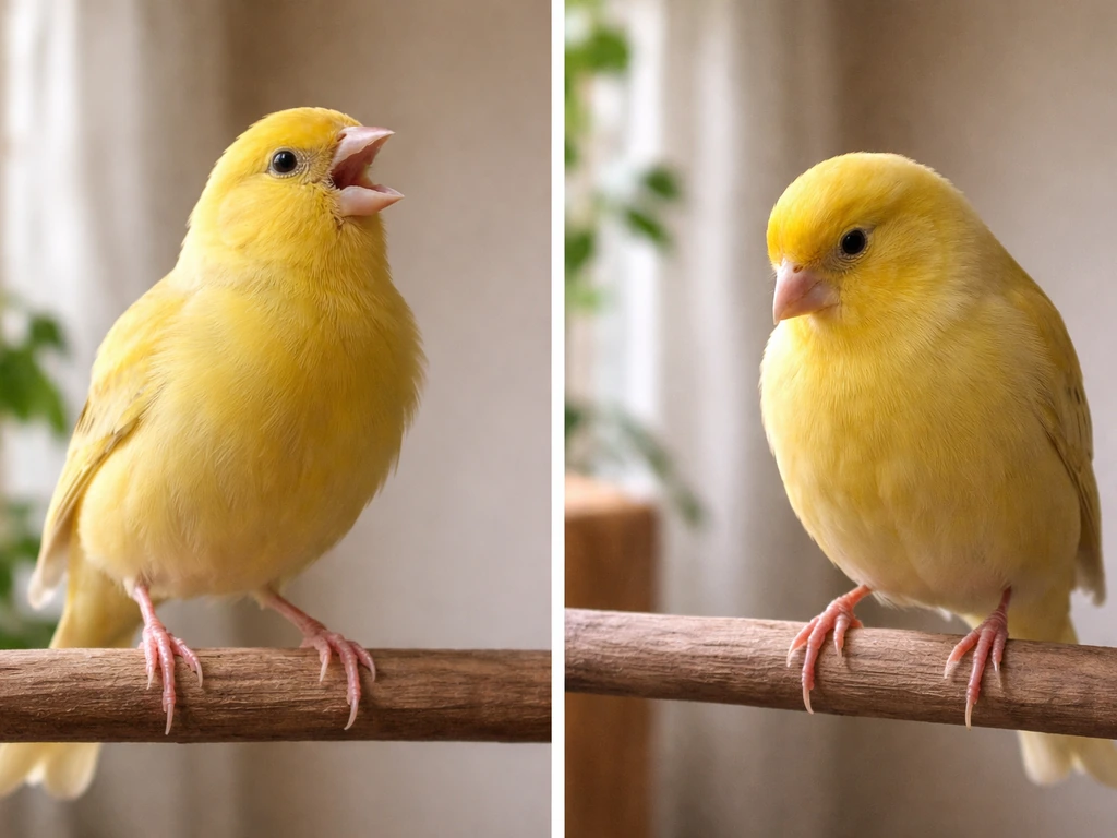 Two canaries side by side: one singing and alert, the other still and tense, in soft natural light.