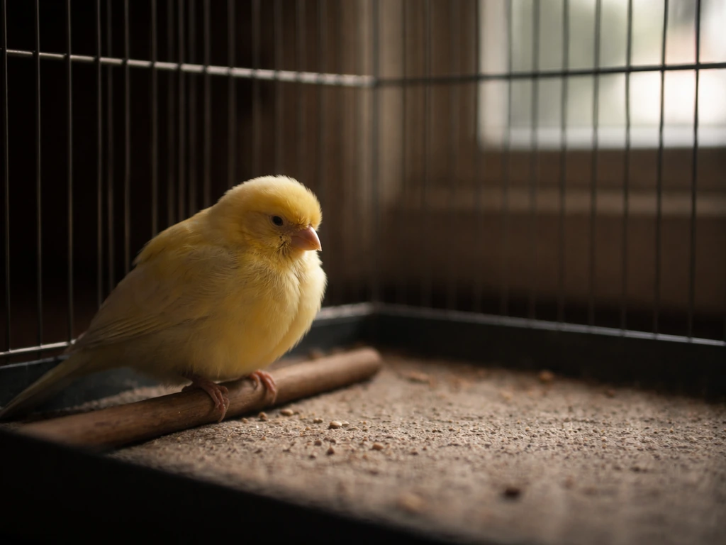 A small yellow canary perched low in a dim cage, looking weak and distressed, somber mood