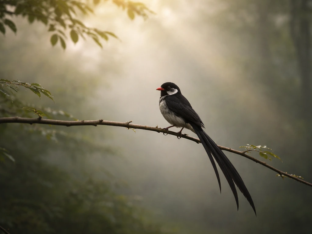 A widow bird perched on a branch at dawn with soft mist and gentle light in the background.