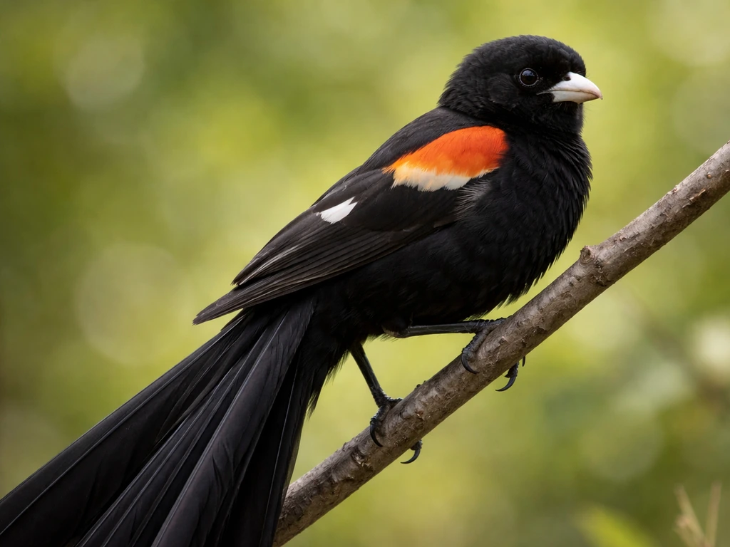 Close-up of a long-tailed widowbird perched, showing black body with vivid orange and white markings.