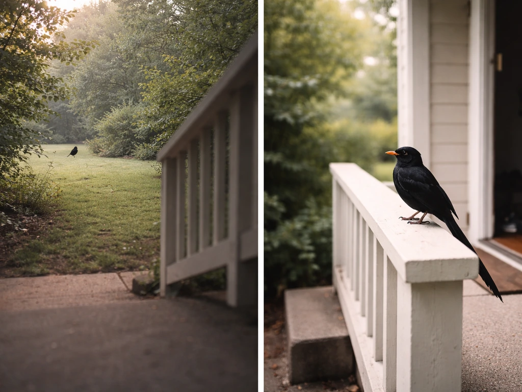 Split image: a distant widow bird sighting on the left and a close porch bird presence on the right.
