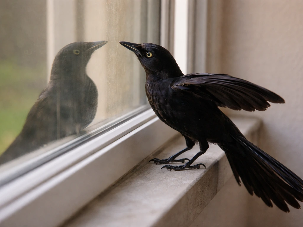 A widowbird perched by a house window, leaning in with an alert posture as if tapping.