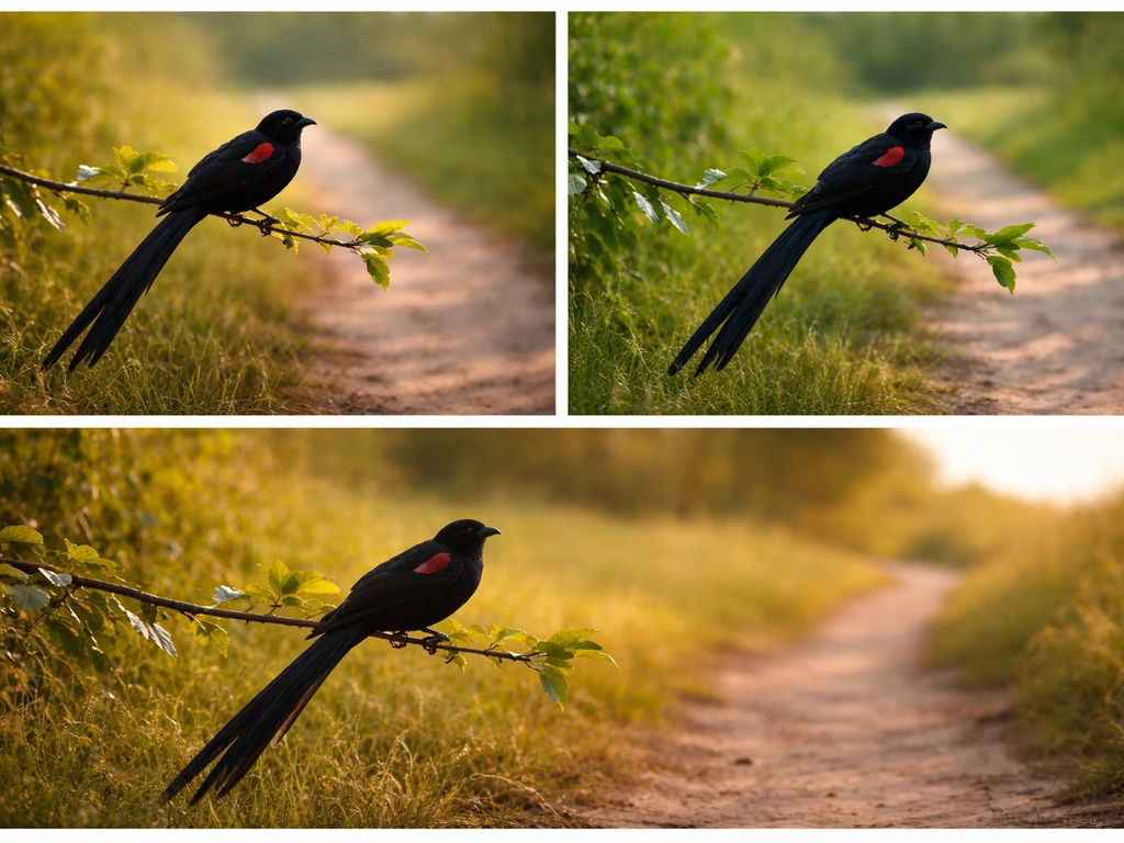 Three iPhone-style frames showing a male widowbird perched at the same spot, captured across different times