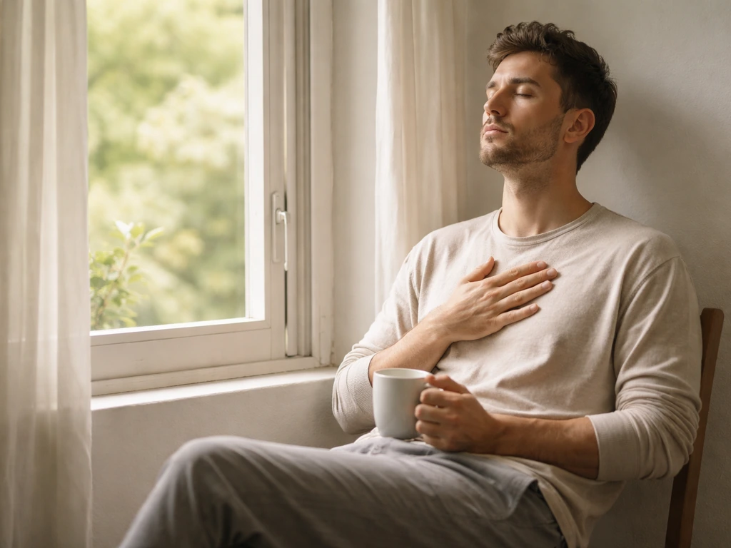Calm person near an open window breathing with a warm mug while birds are softly visible outside.