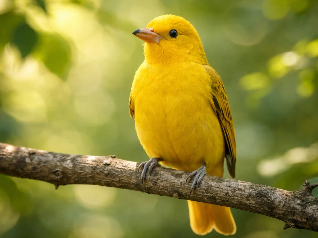 Vivid yellow oriole perched in dappled sunlight, bright joyful presence with soft forest background.
