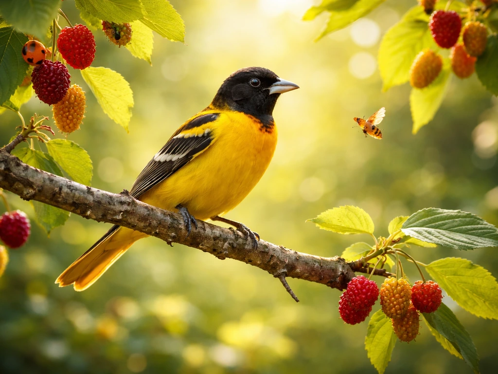 Yellow oriole perched among bright fruit and insects in a sunlit natural habitat