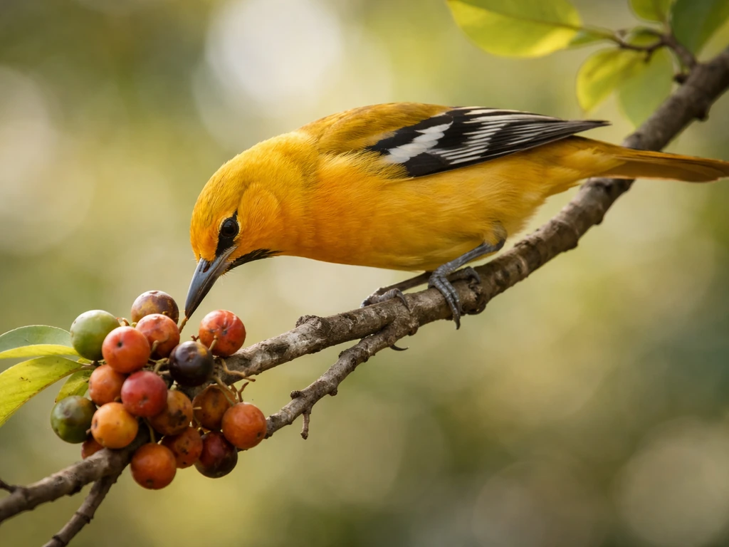 Yellow oriole foraging on a quiet tree branch in soft natural light.