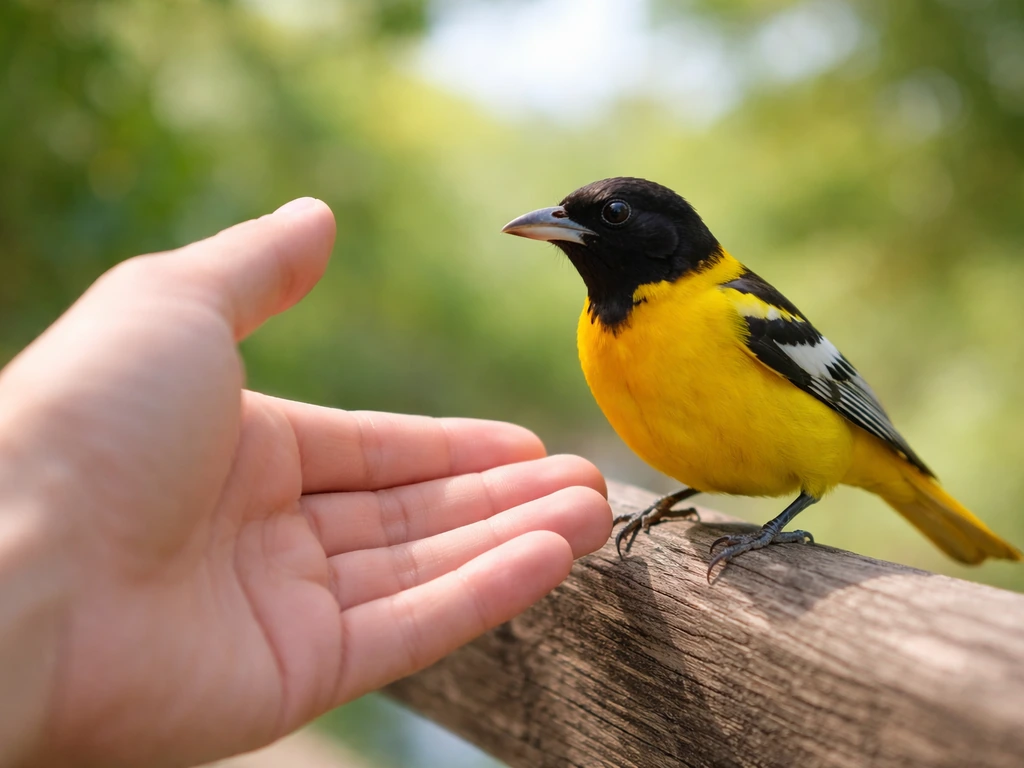 A yellow oriole perched inches from a person’s hand outdoors in calm natural light