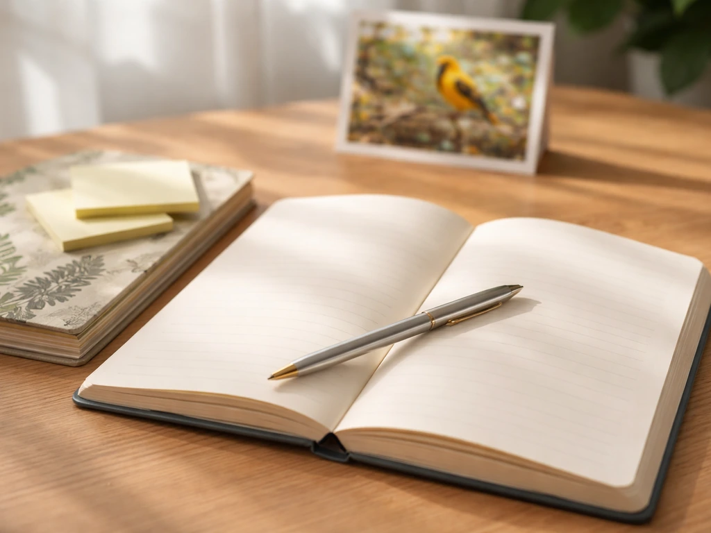 Close-up journal and pen on a wooden desk beside a blurred yellow-oriole photo.