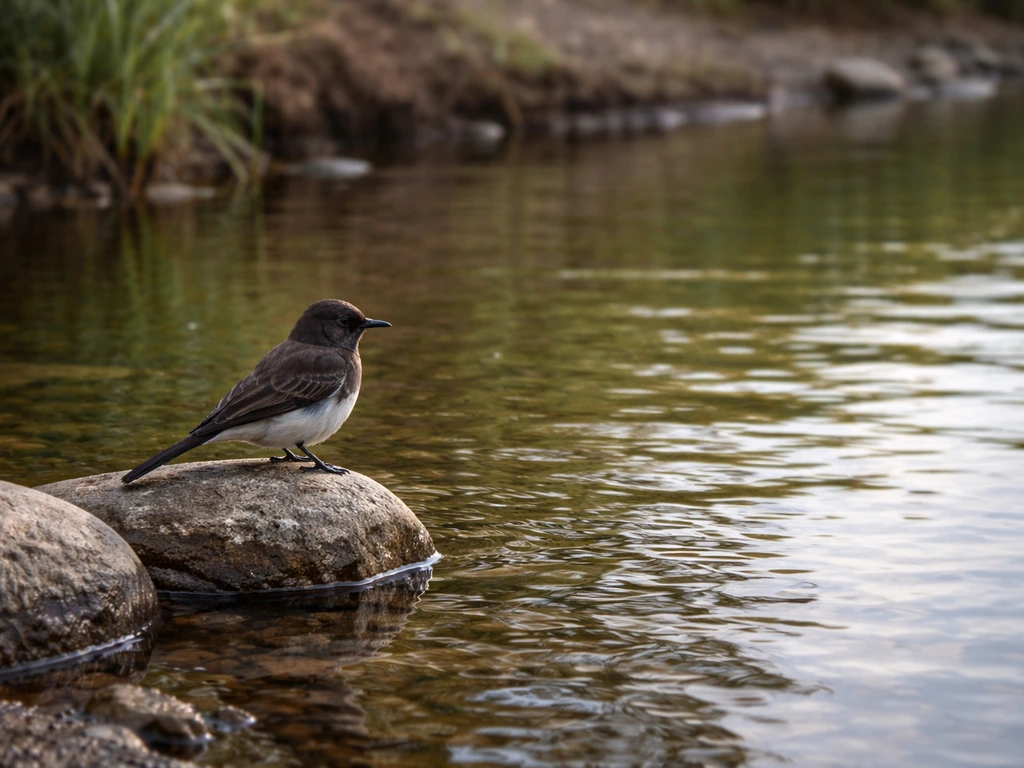 Black phoebe perched on a rock at the edge of a creek with gentle water ripples in natural light.