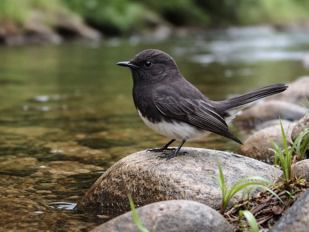Black phoebe perched on a riverbank rock with a softly blurred creek in the background.