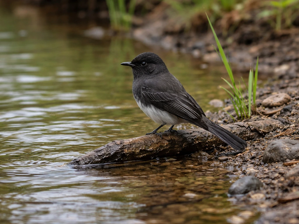 Black phoebe perched by a creek edge with visible waterline and natural shoreline plants.