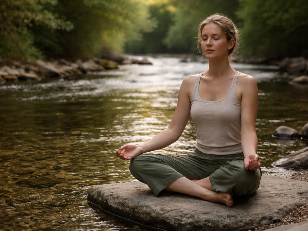 Person seated by a quiet creek, breathing calmly in mindful grounding with water softly visible.