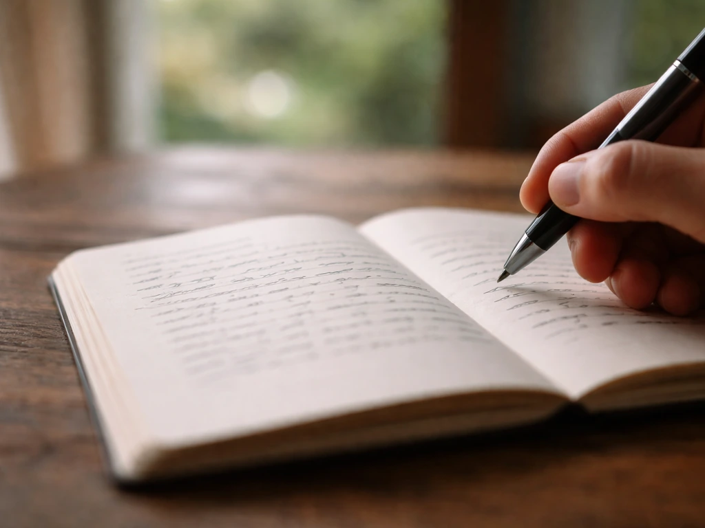 Open notebook with handwritten lines and a pen above the page, with soft greenery background.